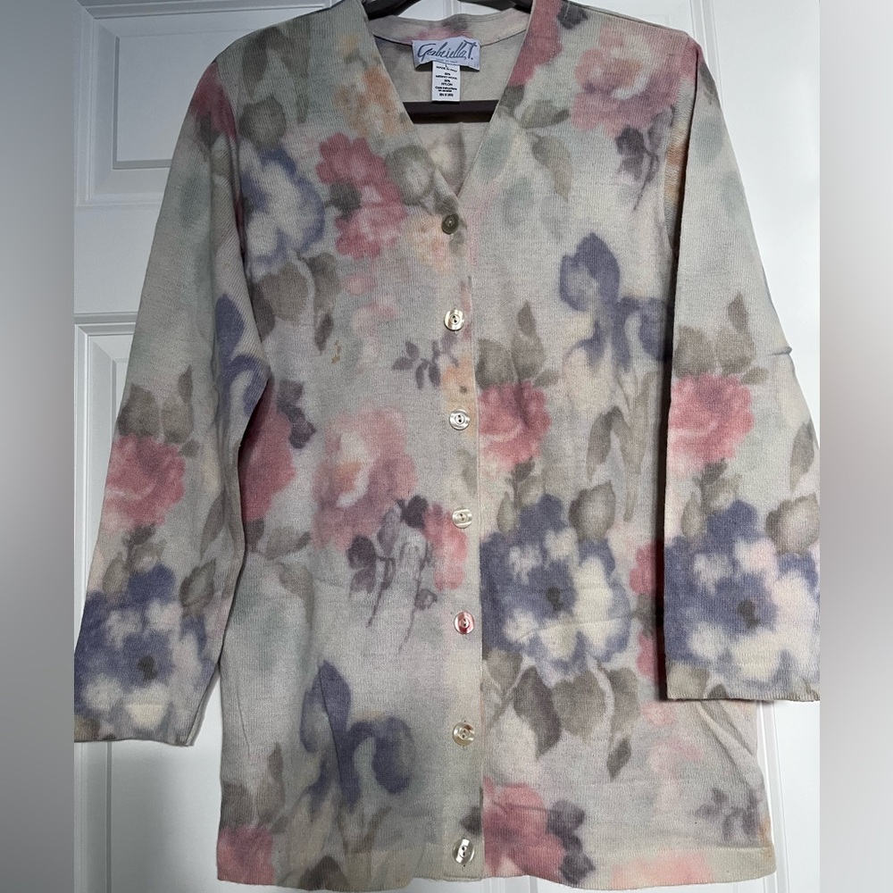 Gabriella T Multicolor Floral Cardigan Made in Italy Sz L Merino Wool/Nylon